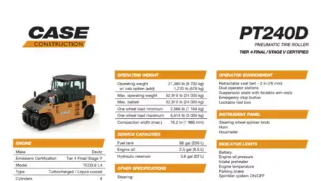 Rouleau à pneumatiques PT240D - Spécifications