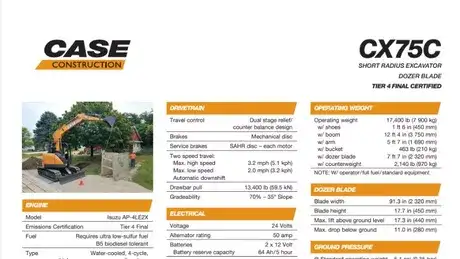 Pelles hydrauliques midi CX75C SR - Spécifications